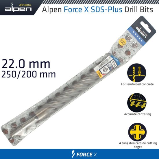 Alpen Force X 22.0 X 250/200 Sds-Plus Drill Bit X4 Cutting Edges - Click Image to Close