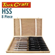 Tork Craft Chisel Set Wood Turning HSS 8 Piece Wooden Case