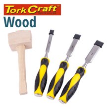 Tork Craft Chisel Set Wood 3 Piece Plus Wooden Mallet Blister