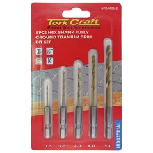 Tork Craft Drill Bit Set 5pcs Fully Ground,Titanium Hex Shank 1.5/2.5/3/4/5mm