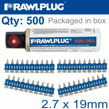 RAWLPLUG Pins For Steel & Concrete 2.7Mmx19Mm X500 Per Box + 1 Fuel Cell